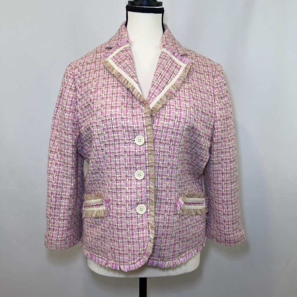 Moa Moa cropped fringe blazer jacket tweed pink tan cream women L